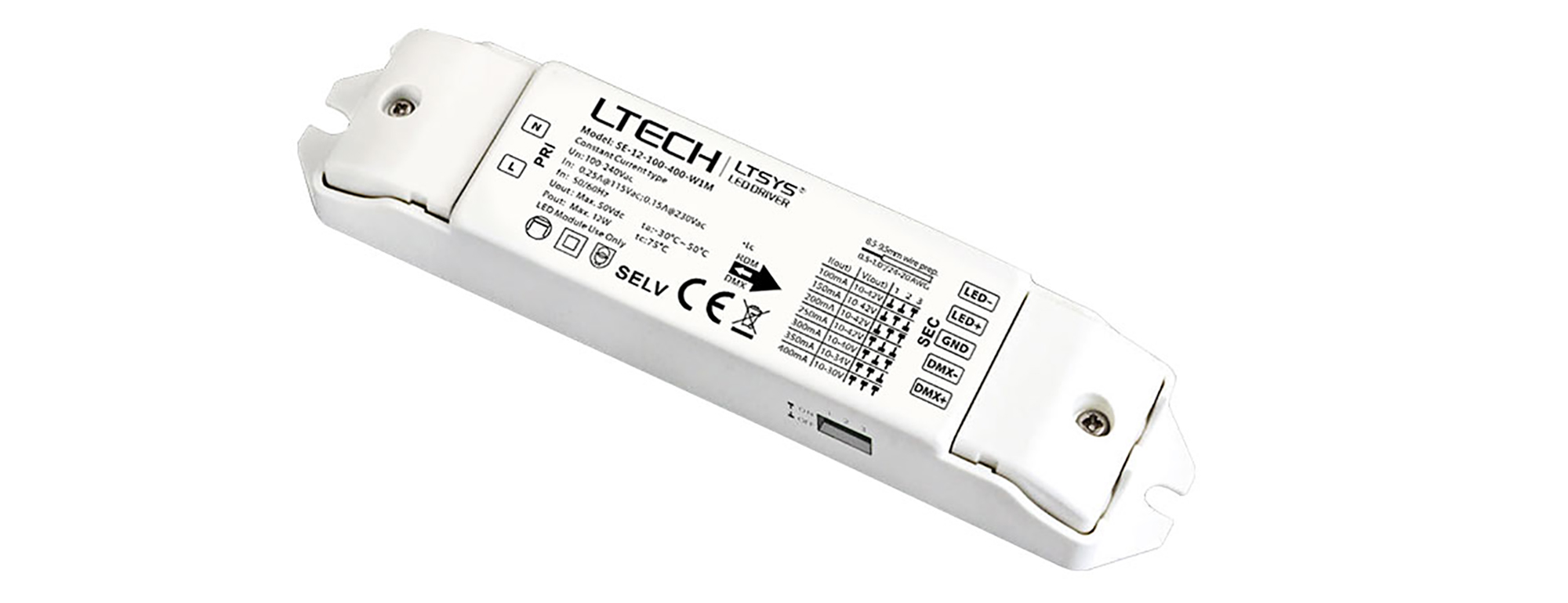 SE-12-100-400-W1M  DMX524/RDM, 0-100% Dim, CC 12W, 10-42Vdc 100-400mA O/P, 100-240Vac input, IP20, 5yrs Warranty.